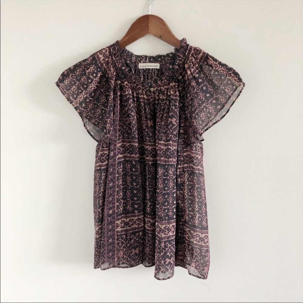 Ulla Johnson 100% Silk Printed Flutter Sleeve Blouse